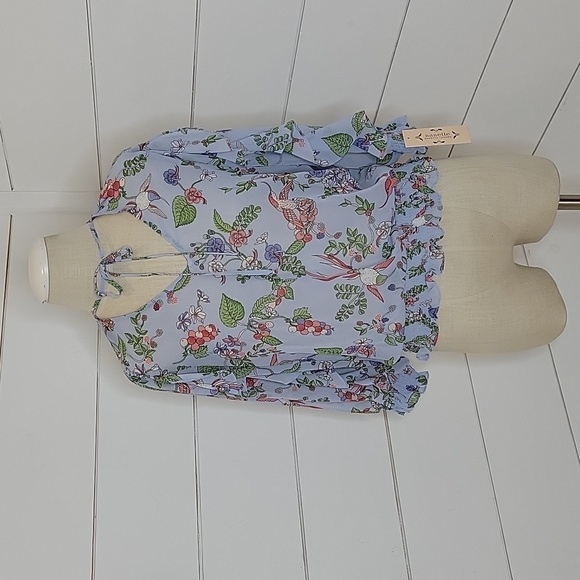 NWT Nanette Lepore xs sheer blue floral with hummingbird blouse - Picture 2 of 5